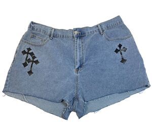 Cut-off Jeans Shorts with Crosses~Women 3XL~Fringe~Distressed~Grunge~Goth/Gothic